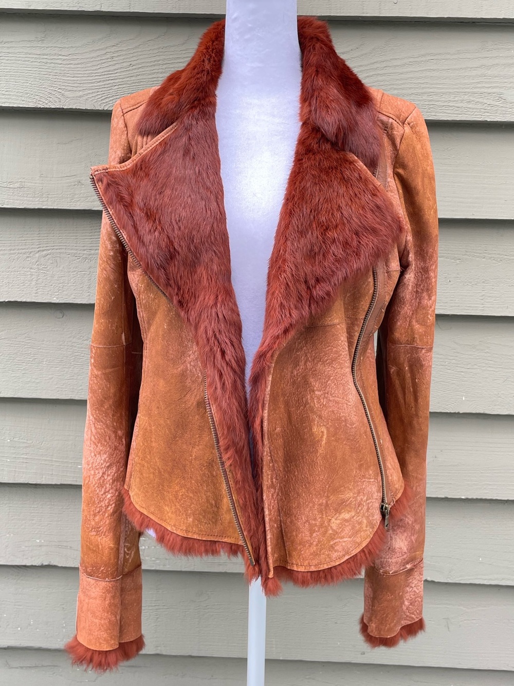 Y2K G-Brand Italy Rust Brown Shearling-Trim Leather Jacket size Small - Picture 9 of 13